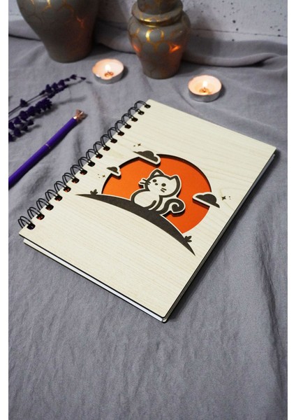 Kedi Desenli Ahşap Kapaklı Defter - Çizgisiz Defter - Günlük - Ajanda-Hediyelik-A5 Anı Defteri