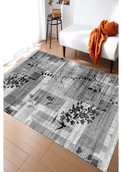 Gri Çiçekli Halı Yıkanabilir Kilim Kaymaz Tabanlı Yolluk Dot Tabanlı Halı 2122C fırsatları