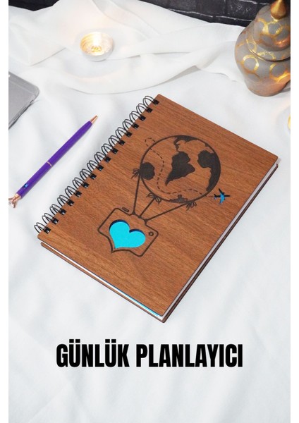 A5 Balon Tasarım Ahşap Kapak Günlük Plan Defteri - Süresiz Ajanda - Tarihsiz Planlama Defteri