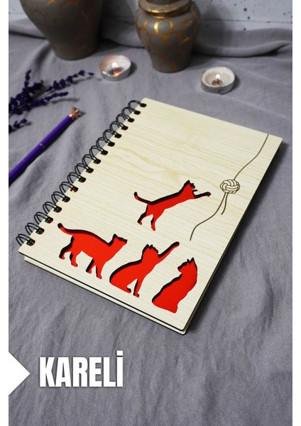 Kedi Desenli Ahşap Kapaklı Defter - Kareli Defter - Ajanda - Okul Defteri (A5 - 120 Sayfa)