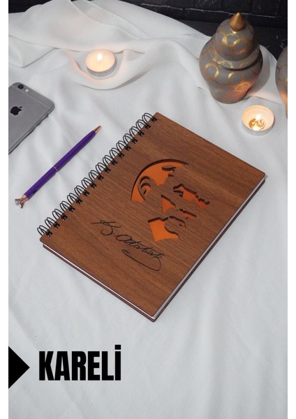 Atatürk Temalı Ahşap Kapaklı Defter - Kareli Defter - Ajanda - Okul Defteri (A5 - 120 Sayfa)