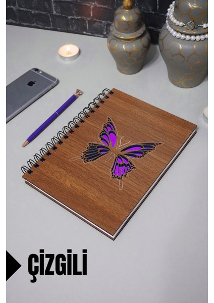 Kelebek Temalı Ahşap Kapaklı Defter - Çizgili Defter - Ajanda - Okul Defteri (A5 - 120 Sayfa)