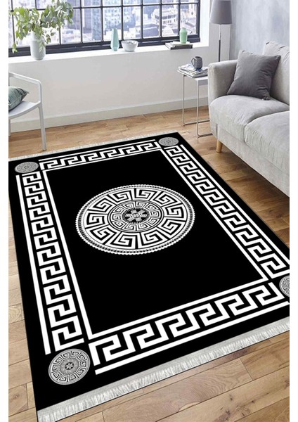 Siyah Dekoratif Halı Kaymaz Tabanlı Makinede Yıkanabilir Kilim Dot Tabanlı Salon Halısı 3128G fiyatları