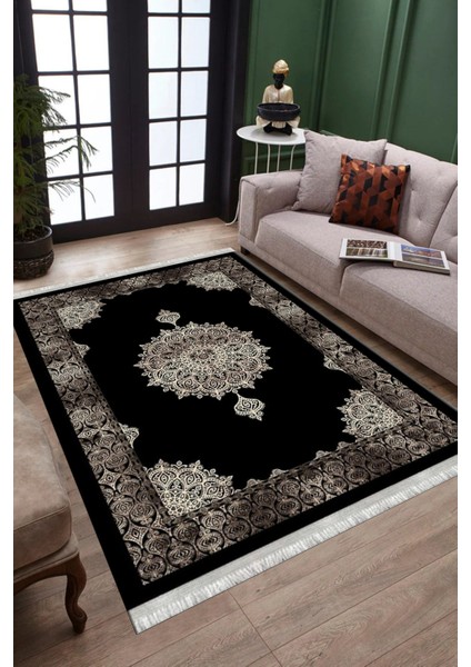 Siyah Göbekli Desen Kaymaz Taban Halı Makinede Yıkanabilir Kilim Dot Tabanlı Halı 3022A modelleri