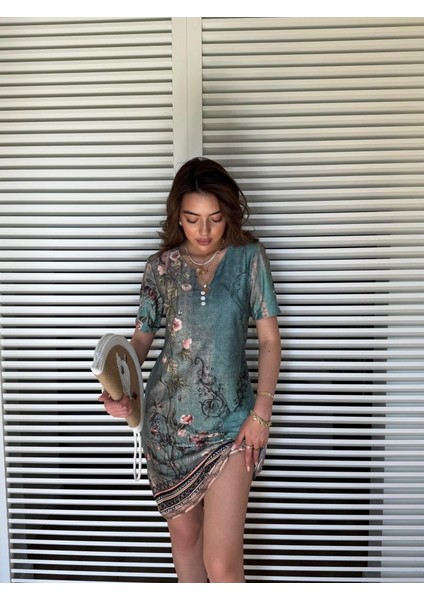 Kadın Kısa Kollu V Yakalı Çiçek Baskılı Midi Süprem Elbise - L-Xl - Yeşil