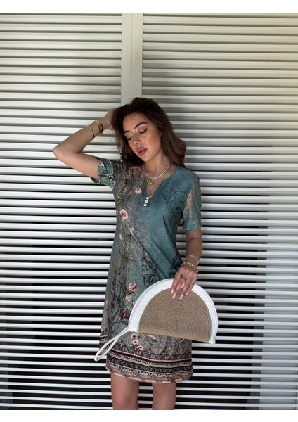 Kadın Kısa Kollu V Yakalı Çiçek Baskılı Midi Süprem Elbise - L-Xl - Yeşil fırsatları