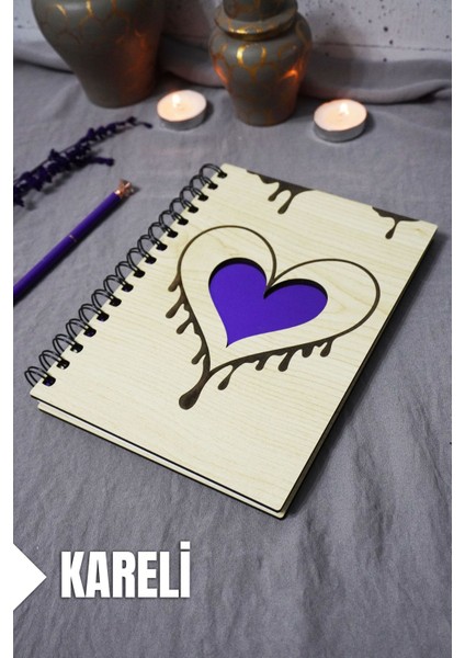 Kalp Desenli Ahşap Kapaklı Defter - Kareli Defter - Ajanda - Okul Defteri (A5 - 120 Sayfa)