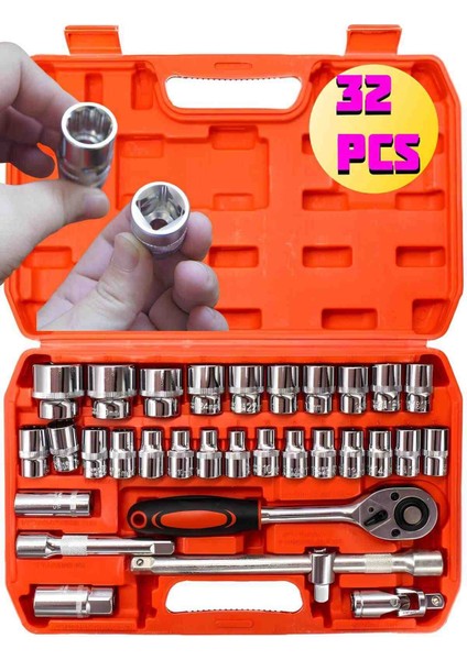 32 Parça Çantalı Cırcır Seti Lokma Takımı 1/2'' Soket Seti 32 Pcs Araç Tamir Civata Sökme Sıkma