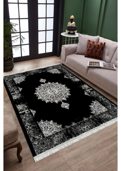 Siyah Göbekli Desen Kaymaz Taban Halı Makinede Yıkanabilir Kilim Dot Tabanlı Halı 3022C modelleri