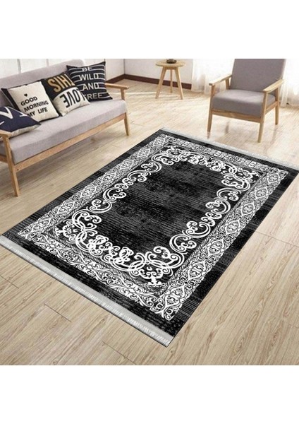 Siyah Klasik Motifli Makinede Yıkanabilir Kilim Kaymaz Dot Tabanlı Oturma Odası Halısı 3051E fiyatları
