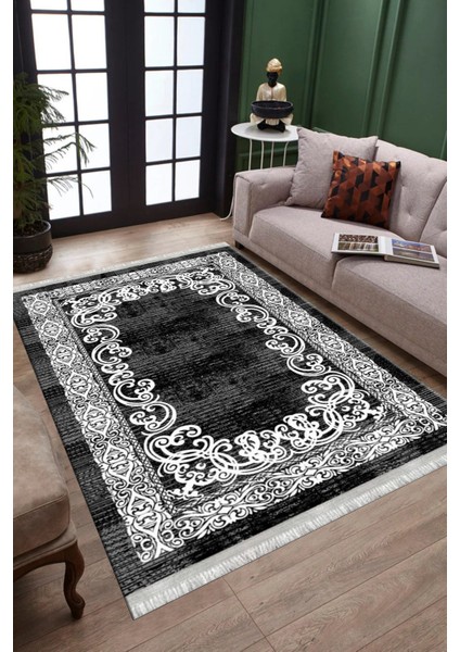 Siyah Klasik Motifli Makinede Yıkanabilir Kilim Kaymaz Dot Tabanlı Oturma Odası Halısı 3051E modelleri