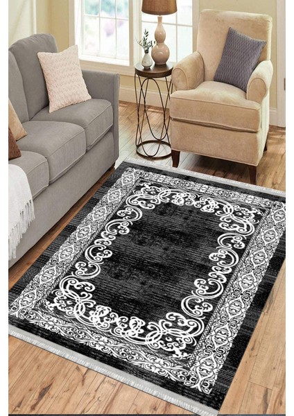 Siyah Klasik Motifli Makinede Yıkanabilir Kilim Kaymaz Dot Tabanlı Oturma Odası Halısı 3051E fırsatları