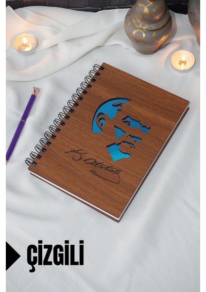 Kemal Atatürk Temalı Ahşap Kapaklı Defter - Çizgili Defter - Ajanda - Okul Defteri (A5 - 120 Sayfa)