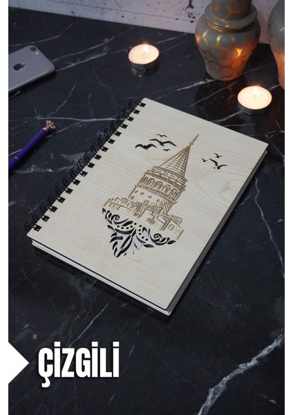 Galata Kulesi Temalı Ahşap Kapaklı Defter - Çizgili Defter - Ajanda - Okul Defteri (A5 - 120 Sayfa)