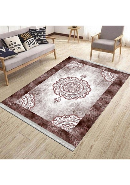 Bordo Göbekli Desen Kaymaz Taban Halı Makinede Yıkanabilir Kilim Dot Tabanlı Halı 3019C