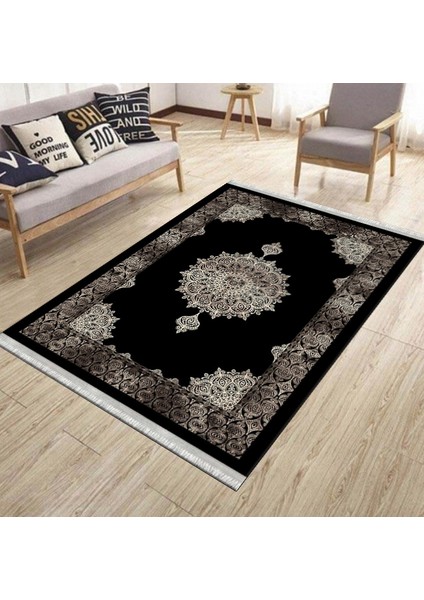 Siyah Göbekli Desen Kaymaz Taban Halı Makinede Yıkanabilir Kilim Dot Tabanlı Halı 3022A