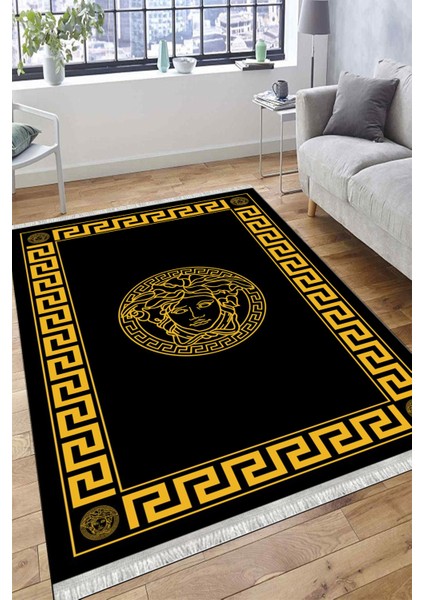 Siyah Tabanlı Halı Kaymaz Tabanlı Makinede Yıkanabilir Kilim Dot Tabanlı Salon Halısı 3128B