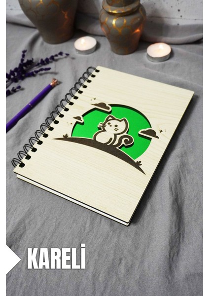 Kedi Desenli Ahşap Kapaklı Defter - Kareli Defter - Ajanda - Okul Defteri (A5 - 120 Sayfa)