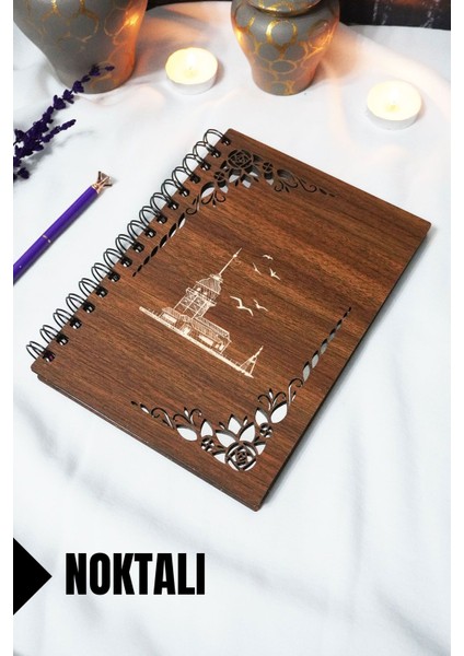 Kız Kulesi Ahşap Kapaklı Defter - Noktalı Defter - 60 Yaprak (120 Sayfa) - A5 15X21 cm