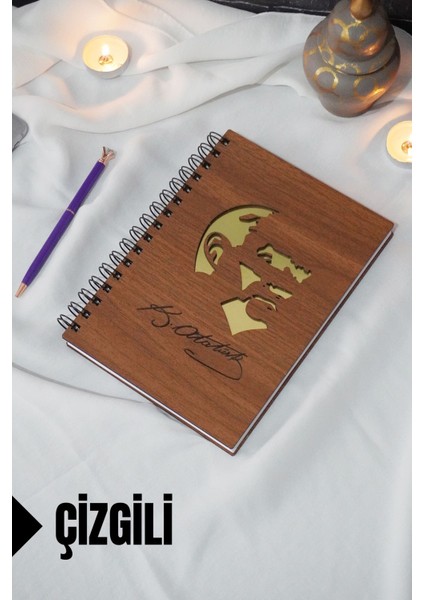 Kemal Atatürk Temalı Ahşap Kapaklı Defter - Çizgili Defter - Ajanda - Okul Defteri (A5 - 120 Sayfa)