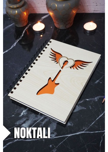 Gitar Kanat Temalı Ahşap Kapaklı Defter - Noktalı Defter - Ajanda - Okul Defteri (A5 - 120 Sayfa)