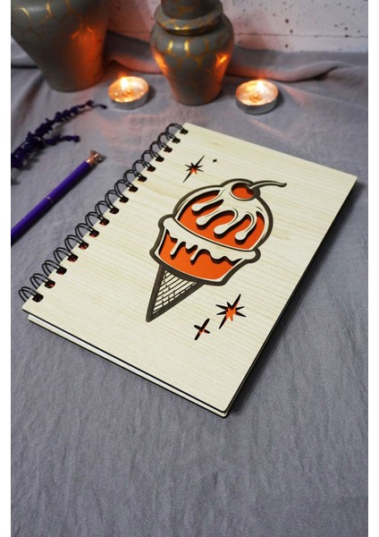 Dondurma Desenli Ahşap Kapaklı Defter - Çizgisiz Defter - Günlük - Ajanda-Hediyelik-A5 Anı Defteri