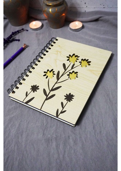 Çiçek Desenli Ahşap Kapaklı Defter - Çizgisiz Defter - Günlük - Ajanda-Hediyelik-A5 Anı Defteri