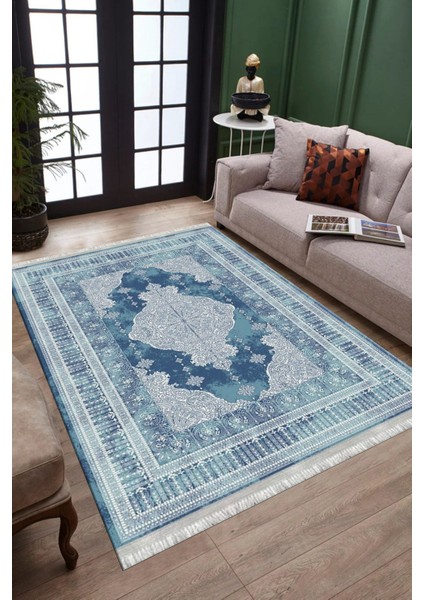 Mavi Kaymaz Tabanlı Halı Makinede Yıkanabilir Kilim Dot Tabanlı Salon Halısı 3001C fiyatları