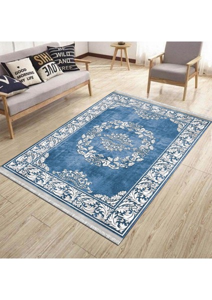 Klasik Desenli Mavi Makinede Yıkanabilir Kilim Kaymaz Dot Tabanlı Oturma Odası Halısı 3027B fiyatları