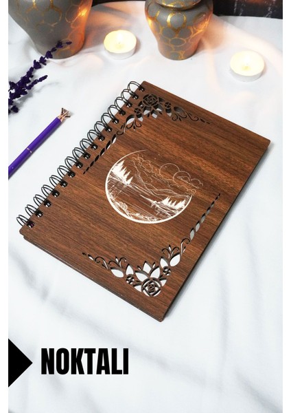 Manzara Ahşap Kapaklı Defter - Noktalı Defter - 60 Yaprak (120 Sayfa) - A5 15X21 cm