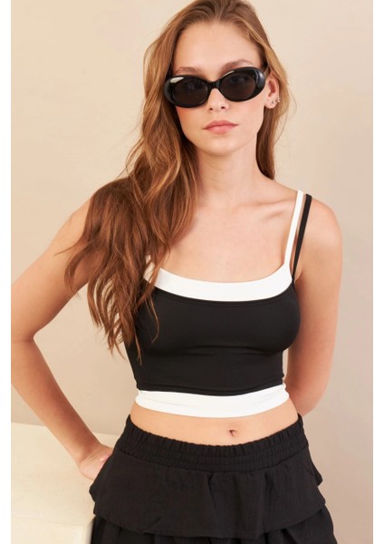 Kadın Siyah Color Block Askılı Crop Bluz AN8082 fiyatları