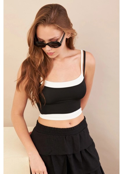 Kadın Siyah Color Block Askılı Crop Bluz AN8082 modelleri