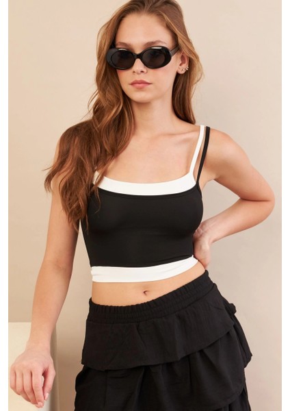Kadın Siyah Color Block Askılı Crop Bluz AN8082 fırsatları