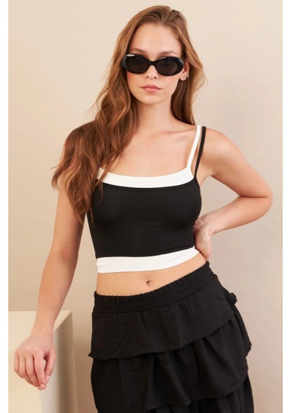 Kadın Siyah Color Block Askılı Crop Bluz AN8082 indirimleri