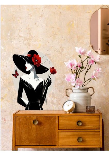 , Siyah Şapkalı, Kırmızı Çiçek Desenli Kadın Figürlü Görsel, Cam, Duvar Sticker, 50X60 cm