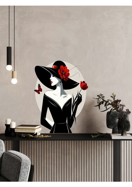 , Siyah Şapkalı, Kırmızı Çiçek Desenli Kadın Figürlü Görsel, Cam, Duvar Sticker, 50X60 cm modelleri