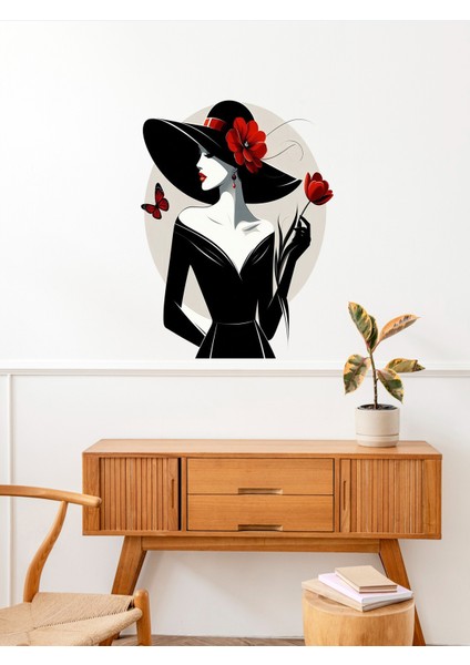 , Siyah Şapkalı, Kırmızı Çiçek Desenli Kadın Figürlü Görsel, Cam, Duvar Sticker, 50X60 cm fırsatları