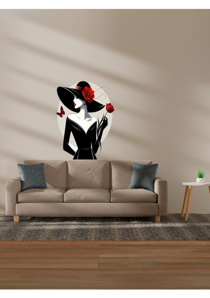 , Siyah Şapkalı, Kırmızı Çiçek Desenli Kadın Figürlü Görsel, Cam, Duvar Sticker, 50X60 cm indirimleri