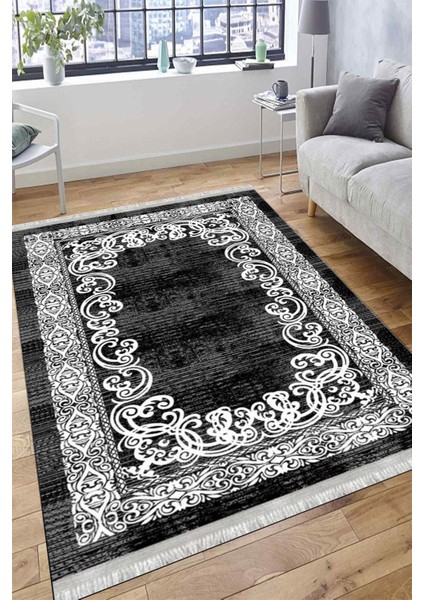 Siyah Klasik Motifli Makinede Yıkanabilir Kilim Kaymaz Dot Tabanlı Oturma Odası Halısı 3051E