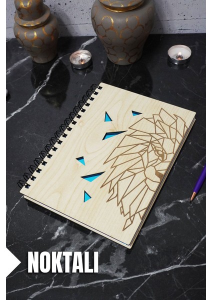 Aslan Temalı Ahşap Kapaklı Defter - Noktalı Defter - Ajanda - Okul Defteri (A5 - 120 Sayfa)