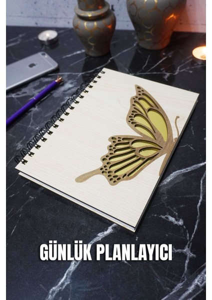 Yarım Kelebek Tasarım Ahşap Kapaklı Günlük Planlayıcı - Tarihsiz Ajanda - Süresiz Planlayıcı - A5