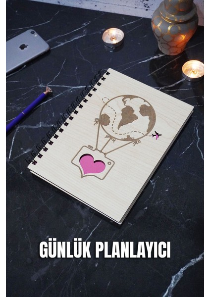 A5 Balon Tasarım Ahşap Plan Defteri - Tarihsiz Ajanda - Günlük Planlayıcı (Süresiz Planlayıcı)