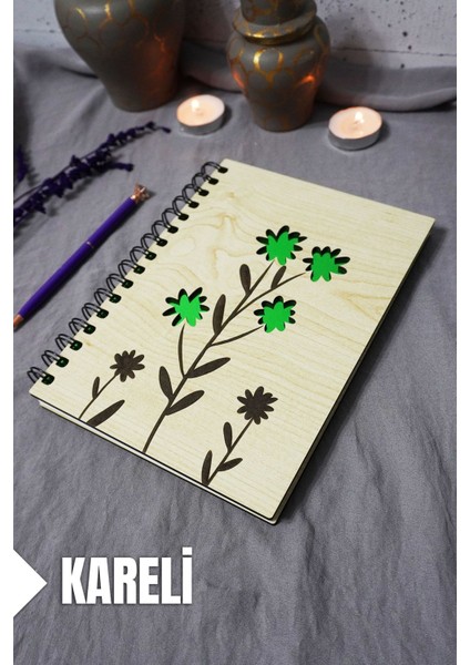 Çiçek Desenli Ahşap Kapaklı Defter - Kareli Defter - Ajanda - Okul Defteri (A5 - 120 Sayfa)