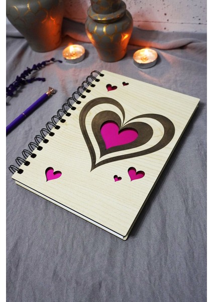 Kalp Desenli Ahşap Kapaklı Defter - Çizgisiz Defter - Günlük - Ajanda-Hediyelik-A5 Anı Defteri
