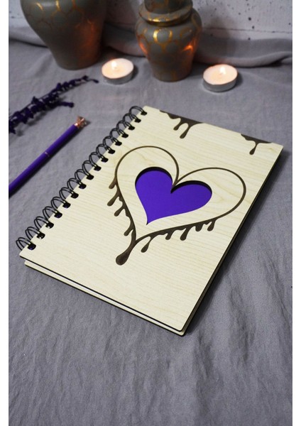 Kalp Desenli Ahşap Kapaklı Defter - Çizgisiz Defter - Günlük - Ajanda-Hediyelik-A5 Anı Defteri