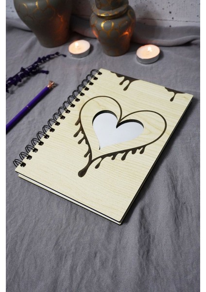 Kalp Desenli Ahşap Kapaklı Defter - Çizgisiz Defter - Günlük - Ajanda-Hediyelik-A5 Anı Defteri fiyatları