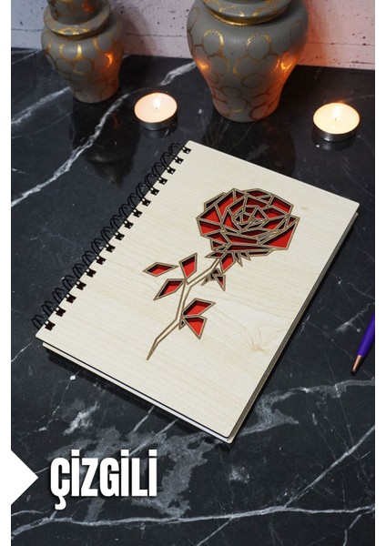 Gül Temalı Ahşap Kapaklı Defter - Çizgili Defter - Ajanda - Okul Defteri (A5 - 120 Sayfa)