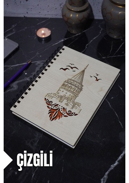 Galata Kulesi Temalı Ahşap Kapaklı Defter - Çizgili Defter - Ajanda - Okul Defteri (A5 - 120 Sayfa)
