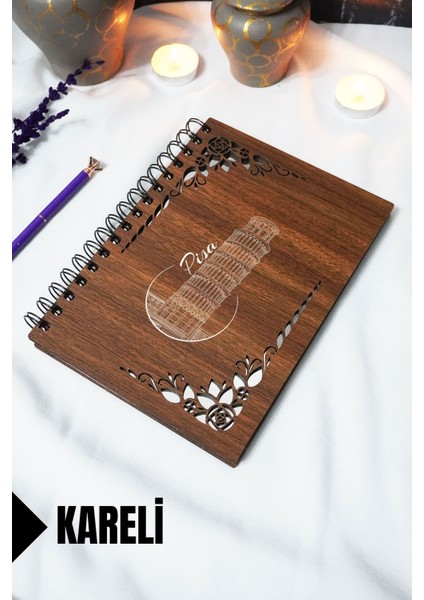 Pizza Kulesi Ahşap Kapaklı Defter - Kareli Defter - 60 Yaprak (120 Sayfa) - A5 15X21 cm