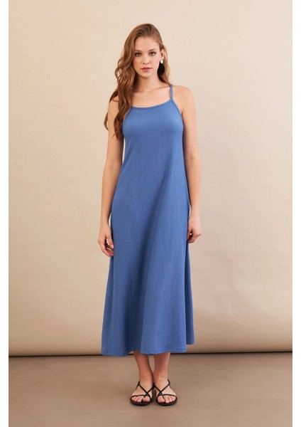 Kadın İndigo Ayarlanabilir Askılı Bürümcük Midi Elbise MX9455 fiyatları